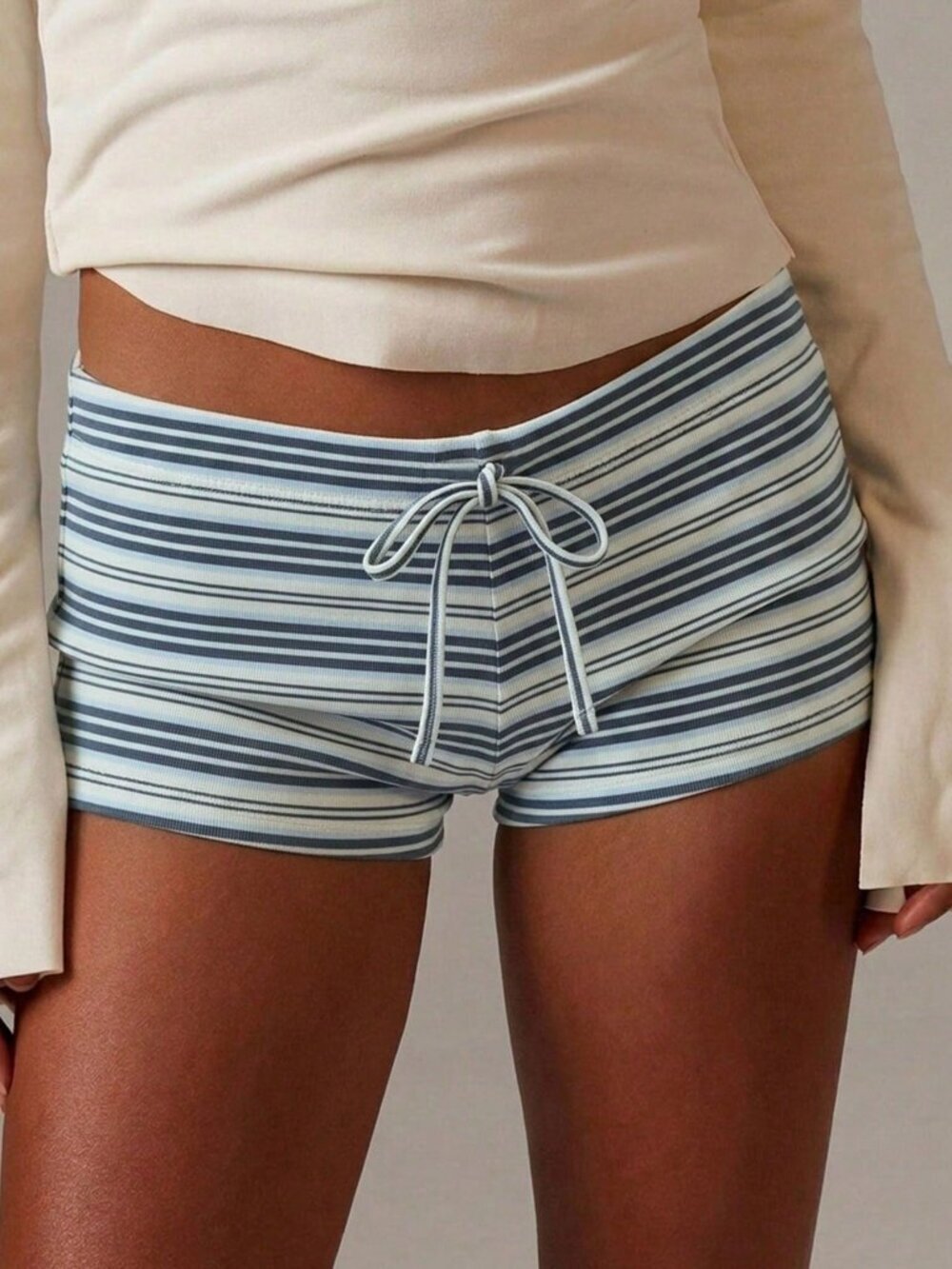 Blue And White Casual Women's Striped Tie-Waist Shorts